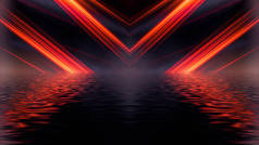 黑色的现代抽象背景，带有霓虹灯液体线条，红色，黄色霓虹灯。流动的光束，液体霓虹灯油漆。灯光在水中的反射。空白背景，封面.