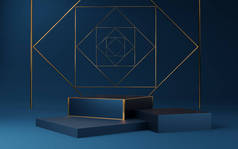 空旷的蓝色立方体讲台，金色边框，蓝色背景的金色正方形。摘要最小工作室3D几何形状对象.展示产品设计的模拟空间.3d渲染.