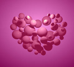 3D粉色发光球在粉色背景下呈心形。摘要三维孤立绘制概念情人节.