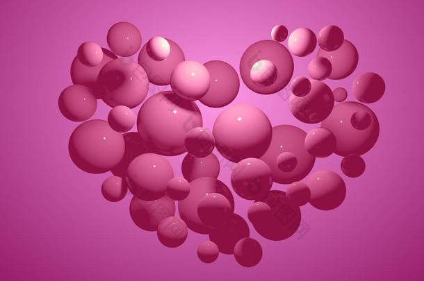 3D<strong>粉色</strong>发光球在<strong>粉色</strong>背景下呈心形。摘要三维孤立绘制概念情人节.