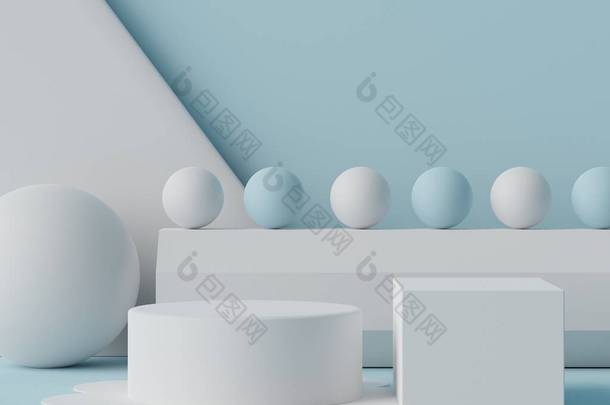 3D渲染蓝色白色的空Podium 。用干净设计的空白底座和店面。产品展示的最小场景。<strong>化妆品广告</strong>的背景摘要.