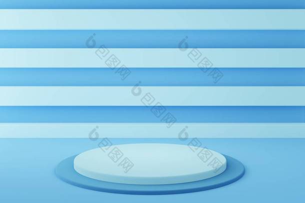 彩色背景下抽象几何空蓝色圆柱体平台的三维绘制。最小的概念。用于广告、化妆品、橱窗、奶油、杂志、时尚的场景。说明1