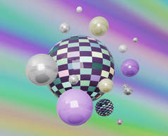 色彩艳丽的格子和金属球在五颜六色的背景上,珍珠球.3d说明