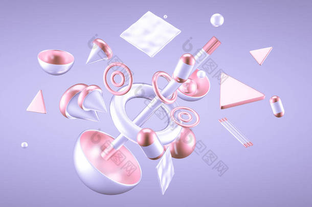 紫色抽象的简约主义背景，有飞行的物体和形状。3D渲染，3D说明.