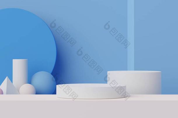 3D几何图形。空白讲台上展示的是彩色的白色蓝色.最低限度的基座或展示场景,为当前的产品和模拟.化妆品广告的背景摘要.