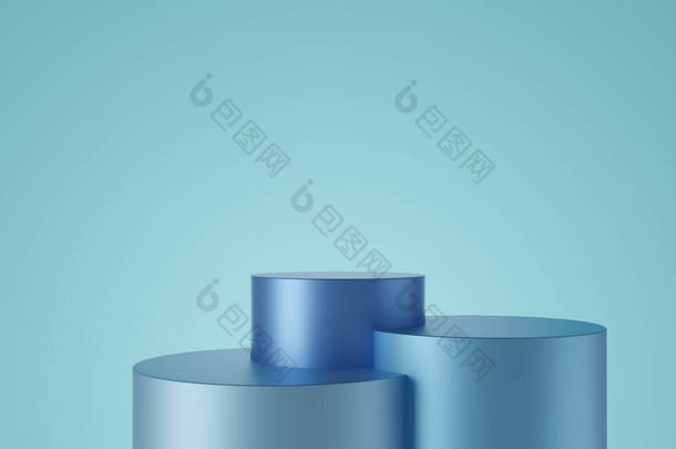 蓝色底座上的空蓝色圆柱形讲台。摘要最小工作室3D几何<strong>形状</strong>对象.展示产品设计的模拟空间.3d渲染.
