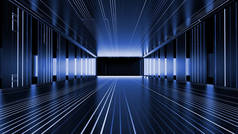 高分辨率抽象走廊透视馆数字技术背景.深蓝色发光隧道。3D说明。8K