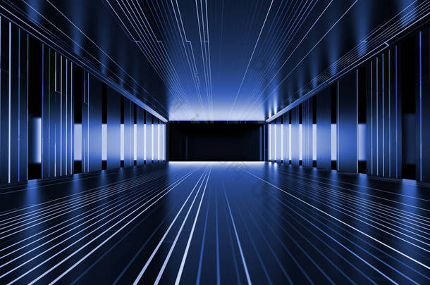 高分辨率抽象走廊透视馆数字<strong>技术背景</strong>.深蓝色发光隧道。3D说明。8K