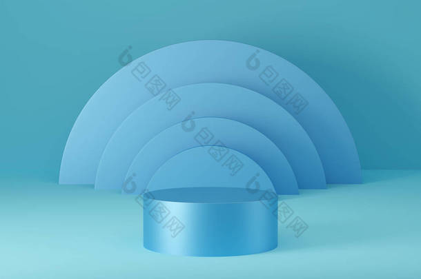 蓝色底座上的空蓝色圆柱形讲台。摘要最小工作室3D几何形状对象.展示产品设计的模拟空间.3d渲染.