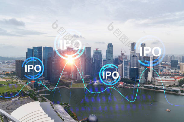 新加坡是亚洲首次公开发行(IPO)的中心，在新加坡全景全景上的IPO图标全息图。超越商业机会的概念。加倍暴露.