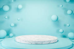 为您的产品在蓝色房间里配备球体的时尚圆形白色大理石平台。广告的概念。3D渲染模拟