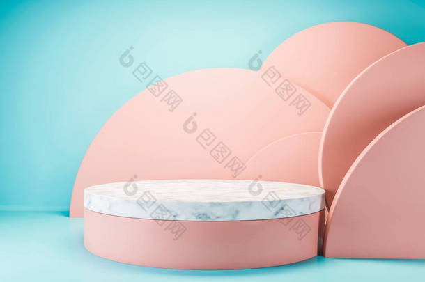 在蓝色和粉色房间为您的产品提供时尚的圆形粉色和白色大理石平台。广告的概念。3D渲染模拟