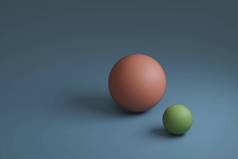 107 / 50003d渲染，两个绿色和粉色球体，蓝底尺寸不同，复制空间，水平