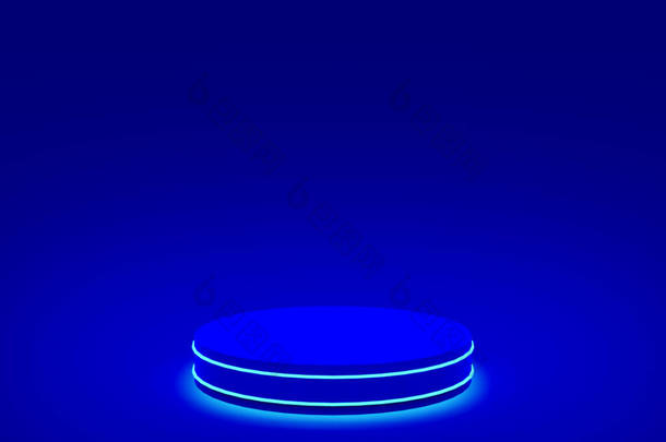 3D蓝色霓虹灯台最小工作室蓝色黑色背景。摘要三维几何形体图解绘制.技术产品的展示.