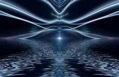 摘要深蓝色夜色背景.线路，闪电，灯光。蓝色霓虹灯，对称反射水，能量。3D插图.