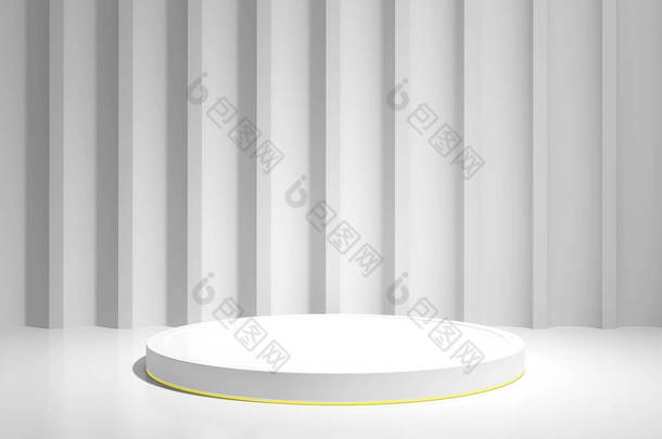 灰色圆柱形台座，镀金镶嵌在带有LED照明的凸起墙壁上。3D渲染。Podium平台，产品展示，化妆品。这是对你的嘲弄前面的景色最低限度概念.