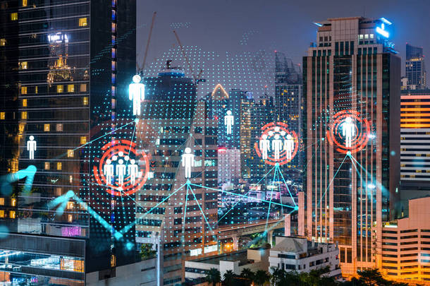 在曼谷的夜景<strong>全景</strong>城市视野中，闪耀着社交媒体的图标。在人与<strong>企业</strong>之间建立联系和建立新联系的概念。加倍暴露.
