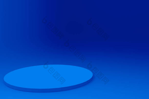 3D<strong>蓝色</strong>圆筒讲台最小工作室背景。摘要三维几何形体图解绘制.技术产品的<strong>展示</strong>.