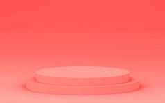3D粉色珊瑚圆柱形讲台最小角落工作室背景。摘要三维几何形体图解绘制.情人节产品的展示.