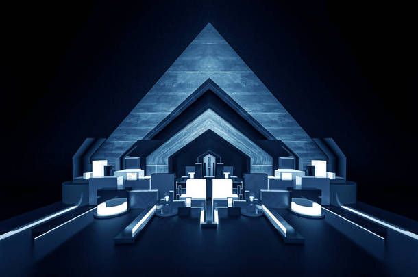 现代未来派深蓝色背景，<strong>发光</strong>三角形，线条和光线，霓虹灯，电灯隧道，带有聚光灯的黑暗<strong>舞台</strong>，微电路。3D插图