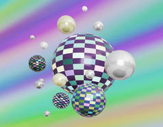 色彩艳丽的格子和金属球在五颜六色的背景上,珍珠球.摘要领域背景，3D渲染