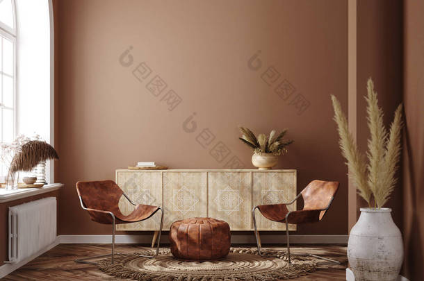 室内装饰为少数民族布荷族，客厅为褐色暖色调，3D渲染