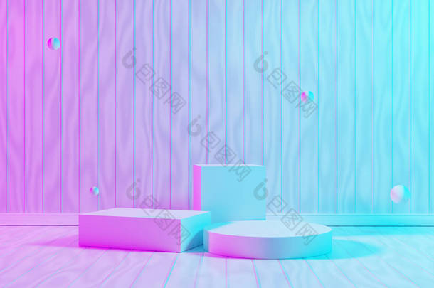 带有讲台白色3D和最小白色木墙场景的霓虹灯。最小概念讲台背景3D渲染。摘要几何形状为灰色.白色现代插图颁奖台.