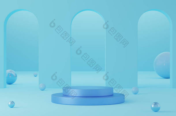 空的<strong>蓝色</strong>圆柱形讲台和拱形<strong>蓝色</strong>背景的球。摘要最小工作室3D几何形状对象.<strong>展示</strong>产品设计的模拟空间.3d渲染.