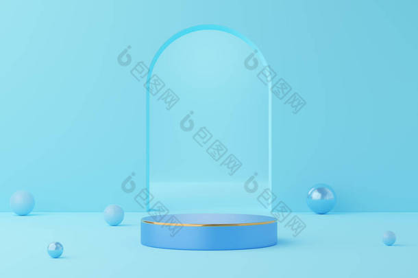 空的蓝色圆柱形讲台和拱形蓝色背景的球。摘要最小工作室3D几何形状对象.展示产品设计的模拟空间.3d渲染.