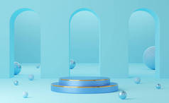 空的蓝色圆柱形讲台，金色边框，拱形蓝色背景的球。摘要最小工作室3D几何形状对象.展示产品设计的模拟空间.3d渲染.