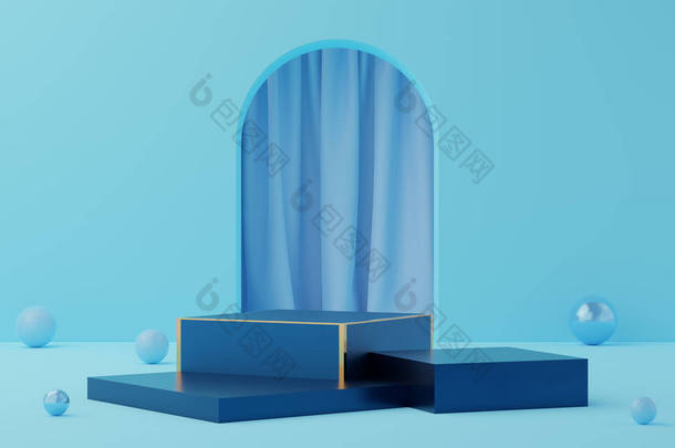 空旷的蓝色立方体讲台，金色边框，拱形和蓝色帷幕背景上的球。摘要最小工作室3D几何形状对象.展示产品设计的模拟空间.3d渲染.