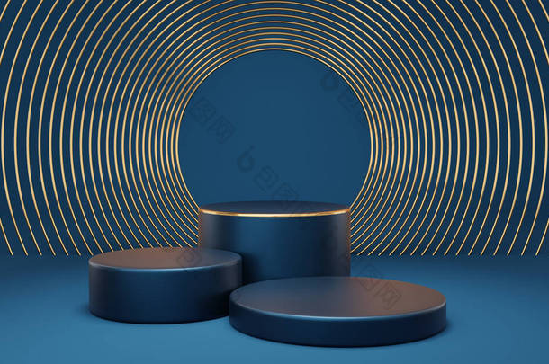 空的蓝色圆柱形讲台，金色<strong>边框</strong>，蓝色底座上有金圆。摘要最小工作室3D几何<strong>形状</strong>对象.展示产品设计的模拟空间.3d渲染.