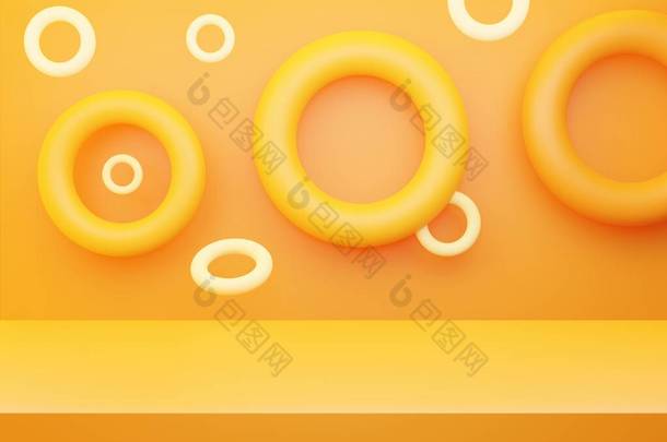 具有圆形几何形状的黄色橙色抽象最小概念背景的三维渲染。广告<strong>宣传</strong>,<strong>化妆品</strong>广告,表演,横幅,奶油,时尚,夏天.说明。产品展示