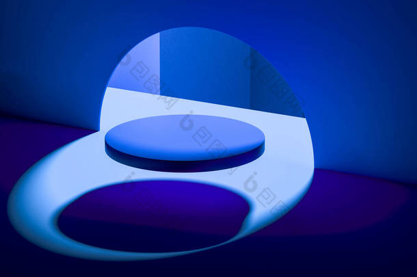 在抽象的蓝色背景上显示圆形显示.3D渲染。创意墙纸及背景