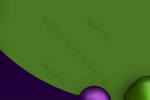 绿色和<strong>紫色</strong>的箔<strong>气球</strong>与线在<strong>紫色</strong>背景与绿色圆。文字空间。媒介节庆图解