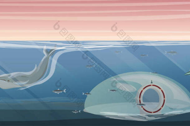 在北海海底的<strong>UFO</strong>的水下着陆点基地。玻璃穹顶，飞碟，鲸鱼，鱼和海藻。精彩的例证
