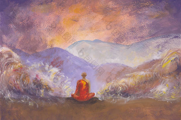 用橙色长袍和多层岩石对佛教僧人进行冥想的丙烯酸树脂绘画。静谧的东方风景与蓝色的亚洲山脉。装饰、放松、和平冥想的概念背景.