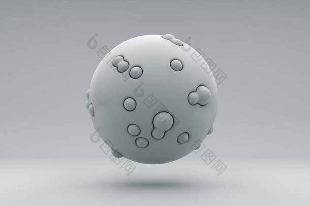 在白色背景上三维渲染一个完美的白色球。大小不同的小球被压入球体的表面。大小和形状相结合，摘要说明.