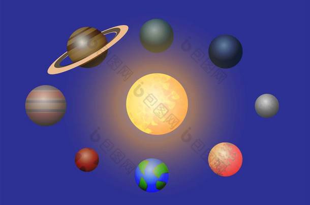 有恒星、太阳、冥王星、海王星、天王星、金星、<strong>水星</strong>、土星、木星、火星、地球和月球在轨道上的太阳系。围绕太阳运行的行星。一组行星。太阳系背景.