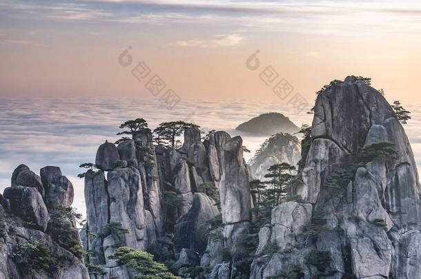 黄山国家公园山顶上的云彩和松树尽收眼底。黄山(黄山)的景观是冬季的.中国安徽教科文组织世界遗产所在地.