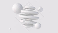 白色光滑的螺旋形和纹理形状。单色艺术作曲。摘要说明，3D渲染.