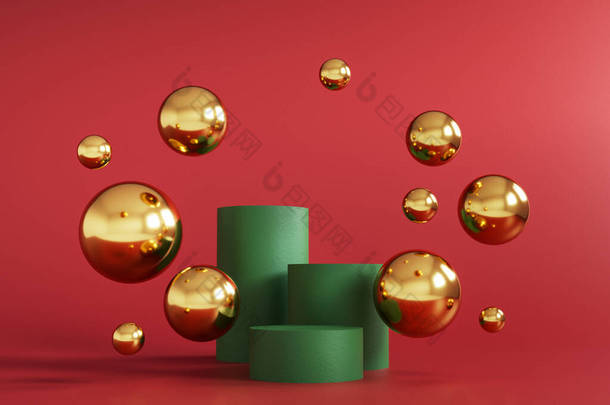 抽象最小场景与几何形式。圣诞色彩的圆柱形花坛。摘要背景。展示化妆品药水的场景。<strong>陈列</strong>柜，<strong>陈列</strong>柜3D渲染.