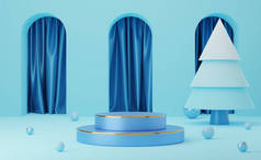空荡荡的蓝色圆柱形讲台，金色边框，拱形和蓝色帷幕背景上的球和松树。摘要最小工作室3D几何形状对象.展示产品设计的模拟空间.3d渲染.