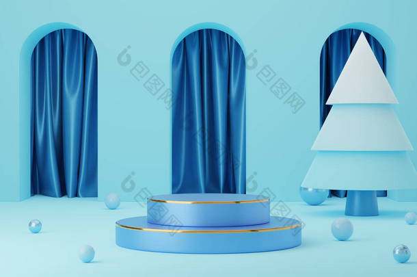 空荡荡的蓝色圆柱形讲台，金色边框，拱形和蓝色帷幕背景上的球和松树。摘要最小工作室3D几何形状对象.展示产品设计的模拟空间.3d渲染.