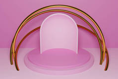 三维的图片说明一个圆形的场景，圆形的拱门在背面粉红色的背景上。白色圆形单色基座的特写.