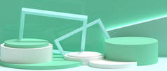 带复制空间的绿光背景下的最小舞台彩幕几何形状方块盒和三角形概念- 3D渲染
