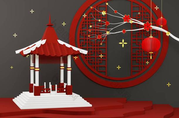 3D渲染-中国传统平台、红色几何平台、快乐新年平台、中国农历新年理念.