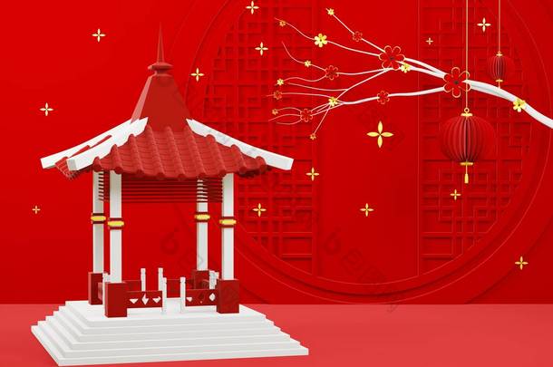 3D渲染-中国传统平台、红色几何平台、快乐新年平台、中国农历新年理念.