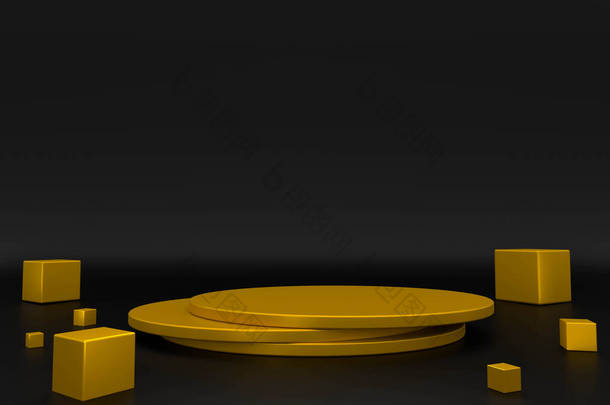 3D渲染。抽象背景下的<strong>金色</strong>和<strong>金色</strong>方块、化妆品展示的抽象平台