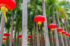 中国传统的红灯笼挂在公园里庆祝中国新年